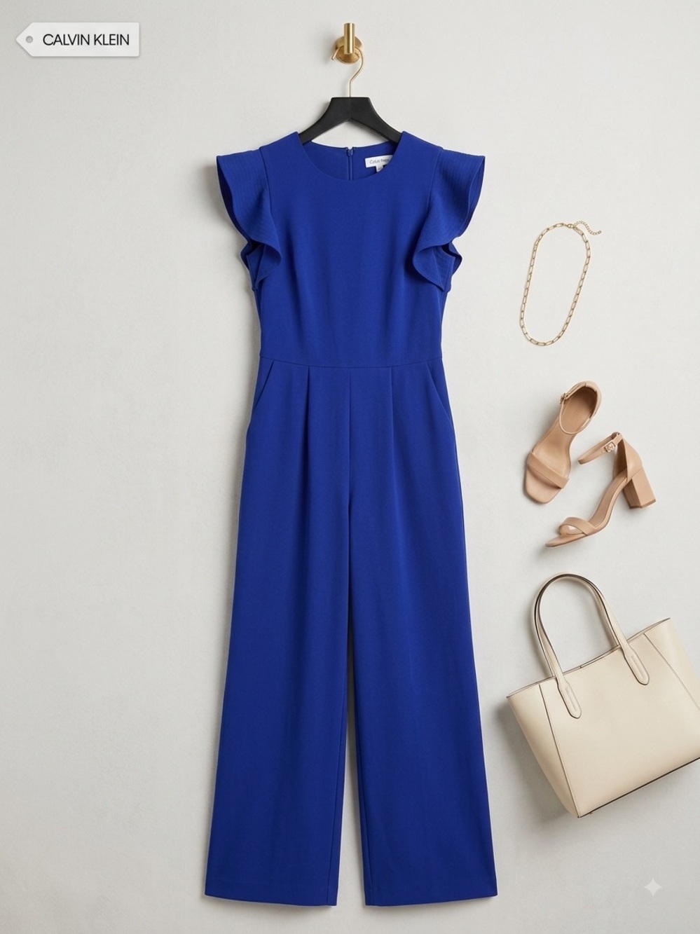 Calvin Klein Cobalt Blue Ruffle-Sleeve Wide-Leg Jumpsuit, Size 6